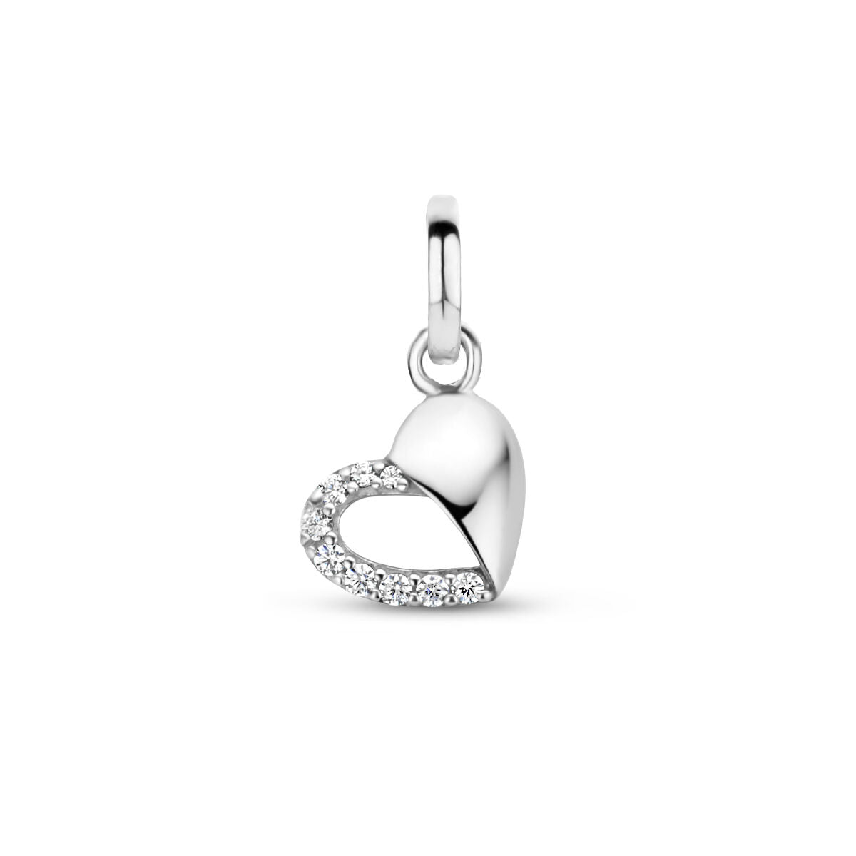 Hanger in de vorm van een hart, zilver gerhodineerd met een glanzend oppervlak en zirkonia-steentjes.