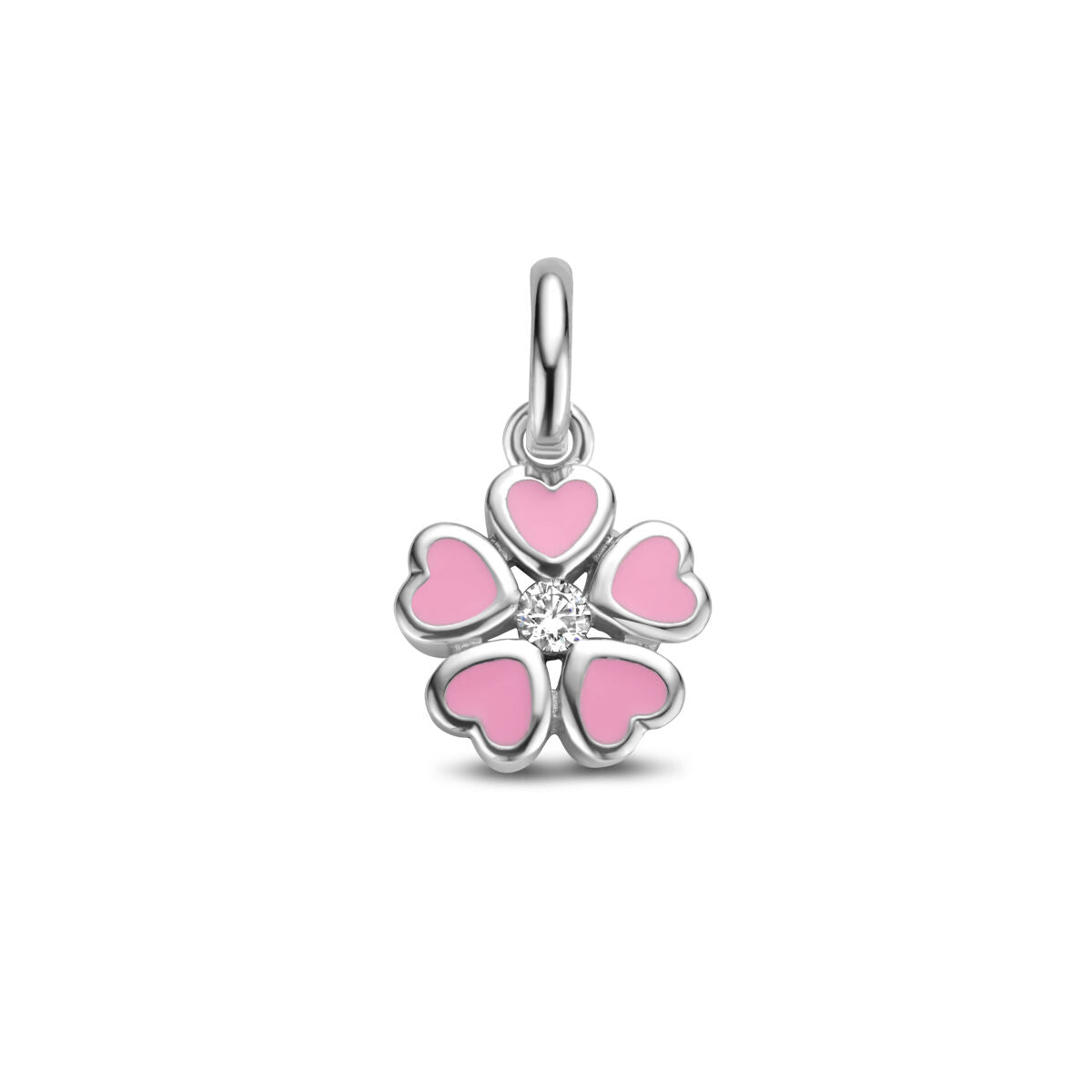 Zilveren gerhodineerde hanger in de vorm van een bloem met roze hartjes en een zirkonia steentje in het midden.