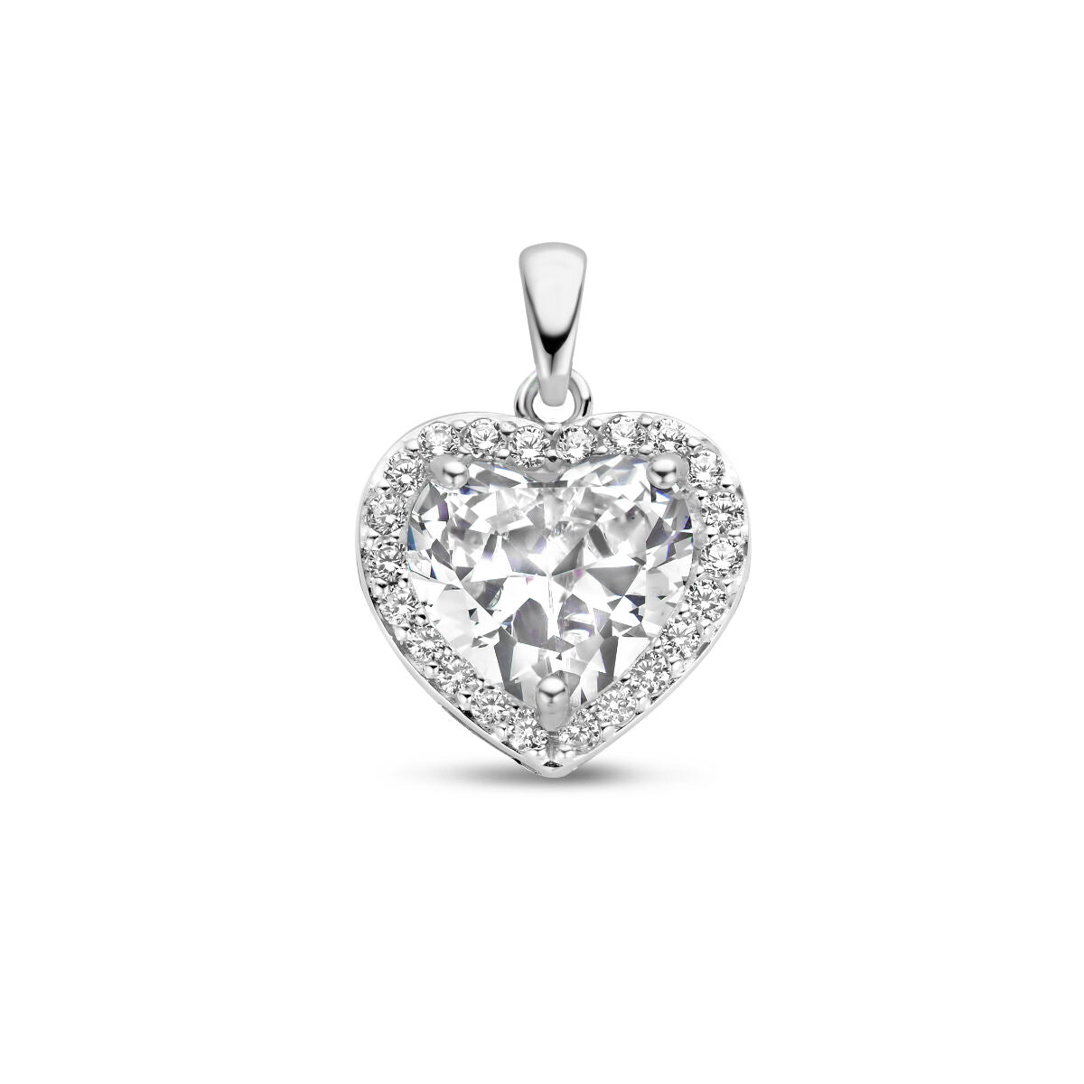 Hanger in de vorm van een hart met een grote zirkonia en een halo van kleine steentjes, gerhodineerd zilver.