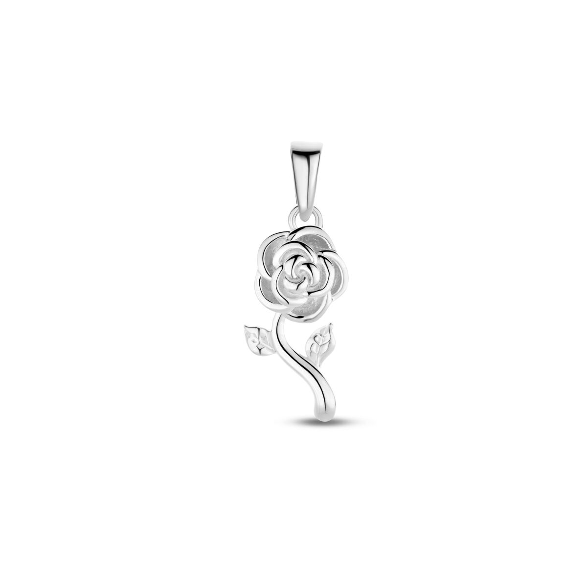 Van der Kooij Collectie hanger roos zilver gerhodineerd, met twee blaadjes aan een gebogen staal. Elegant dames sieraad, schitterend gepresenteerd op een witte achtergrond. Perfect voor elke gelegenheid.