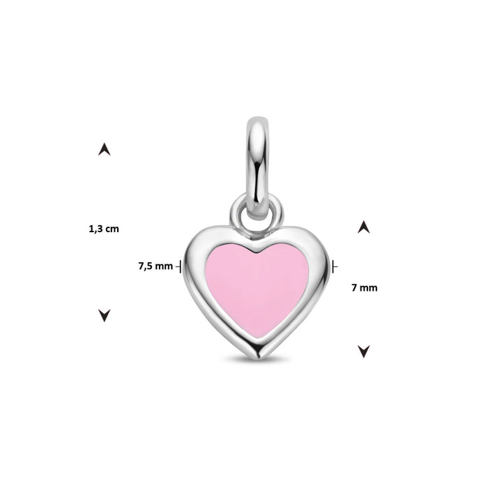 Van der Kooij Collectie hanger hart zilver gerhodineerd met roze geëmailleerd midden; 1,3 cm hoog, 7,5 mm breed en 7 mm diep. Leuk voor kinderen. Afbeeld met pijlen die de maten tonen.