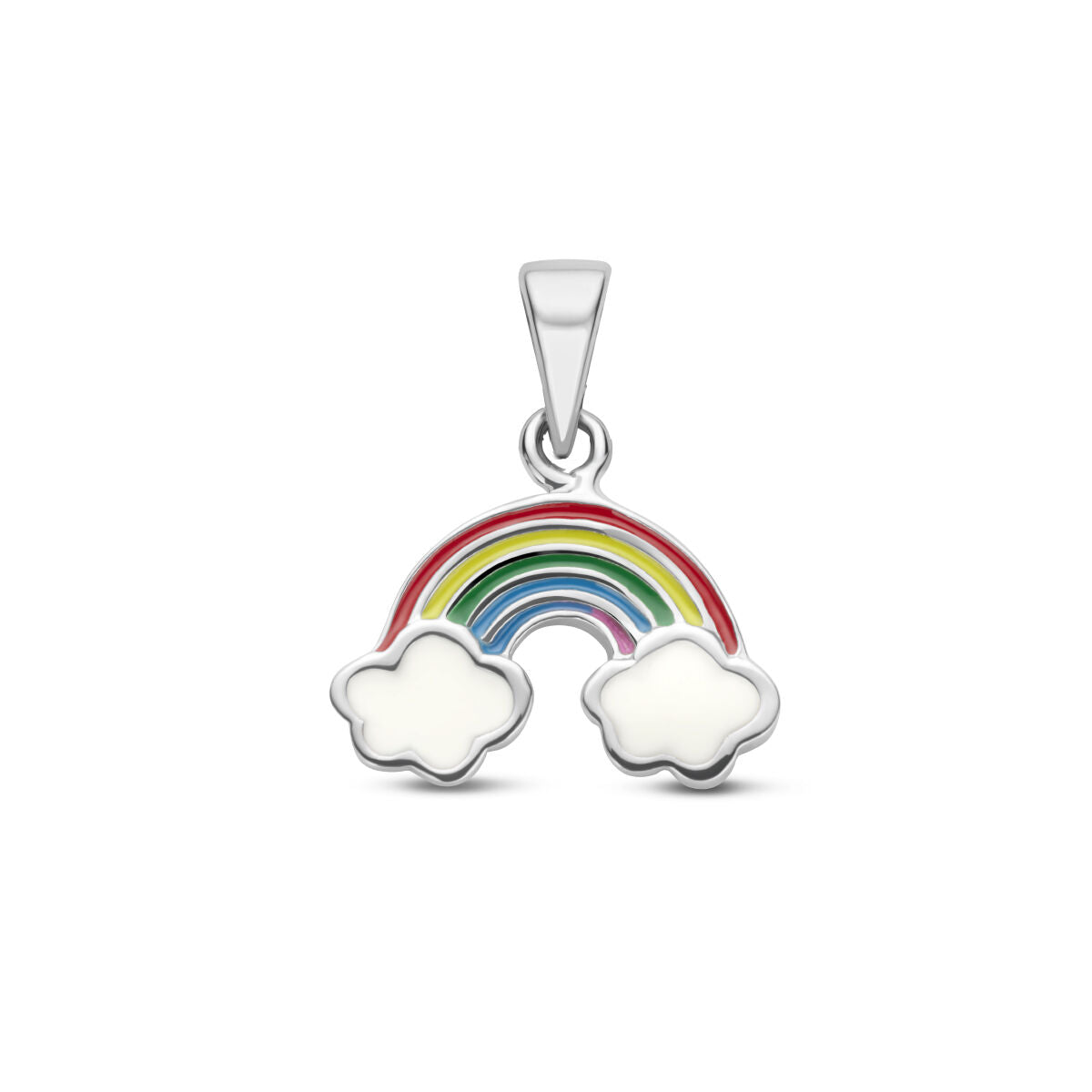 Zilveren gerhodineerde hanger in de vorm van een regenboog met witte wolkjes en kleurrijke bogen.