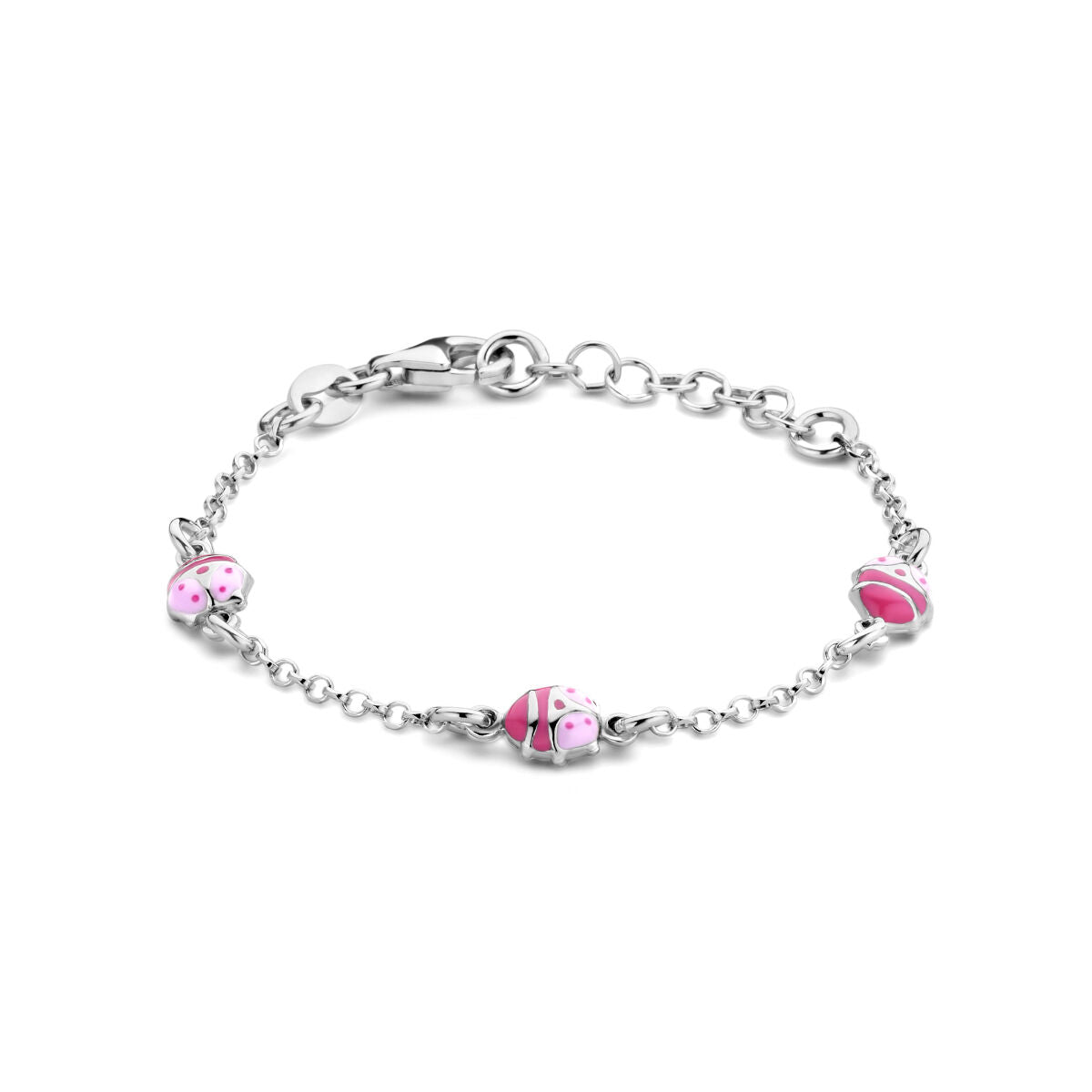Zilveren gerhodineerde armband van 11 + 2 cm met kleurrijke lieveheersbeestjes.