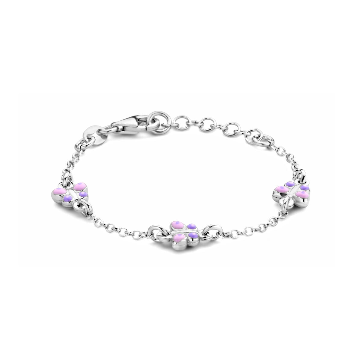 Zilveren gerhodineerde armband van 11 + 2 cm met vlinderdetails en paarse steentjes.