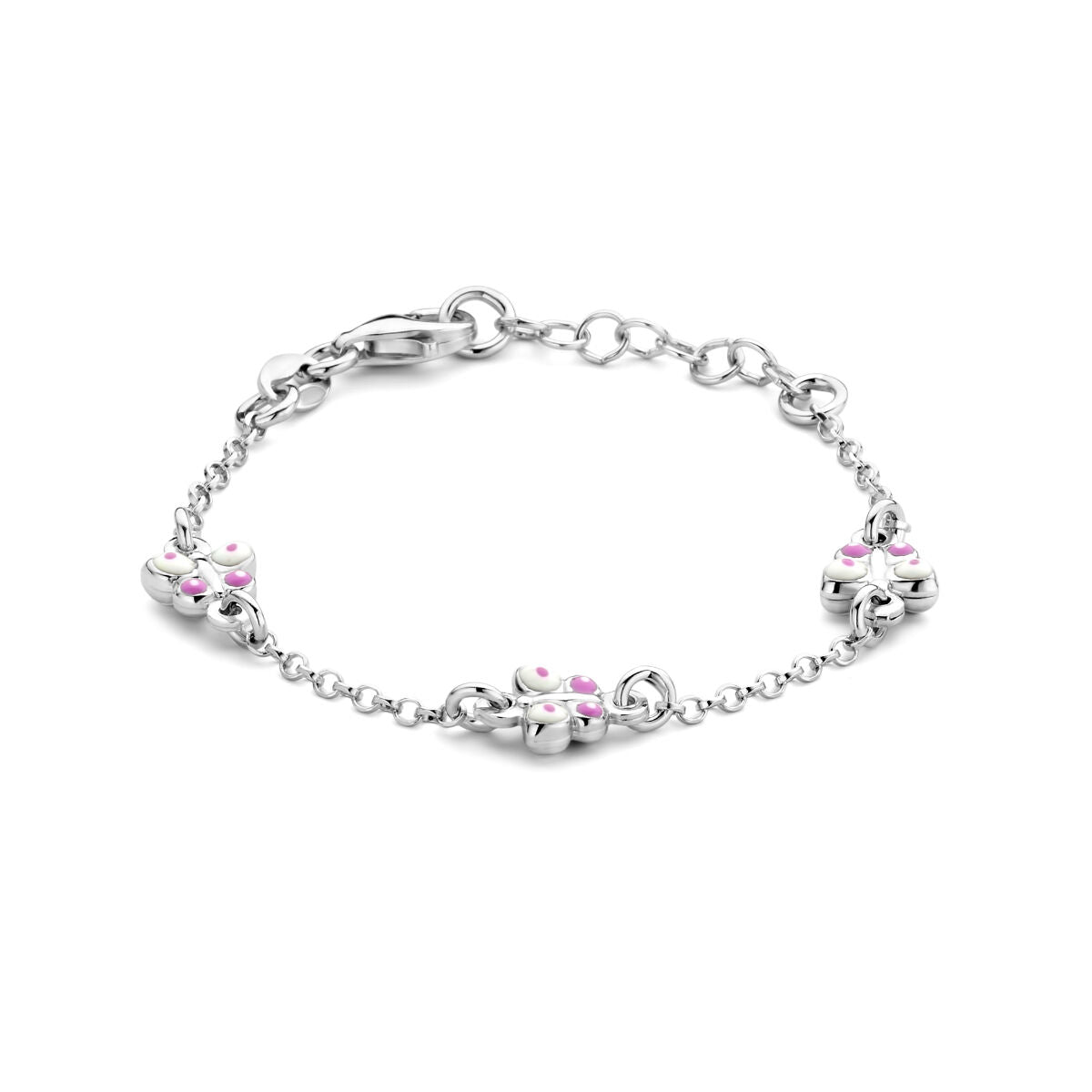 Zilveren gerhodineerde armband met vlinderdetails en roze steentjes, lengte 11 + 2 cm.