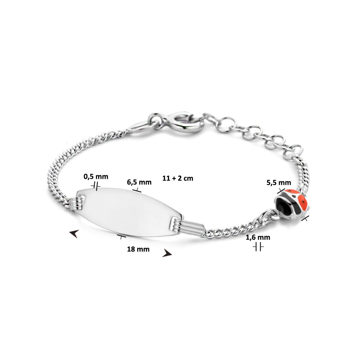 graveerarmband lieveheersbeestje plaat 6,5 mm 11 + 2 cm zilver gerhodineerd
