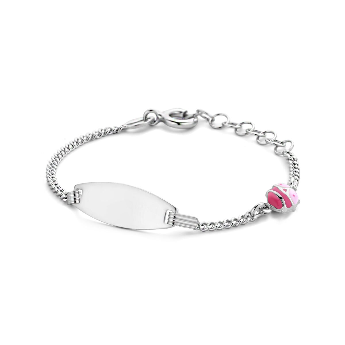Zilveren gerhodineerde graveerarmband met een lieveheersbeestje, plaat van 6,5 mm en een verstelbare lengte van 11 + 2 cm.
