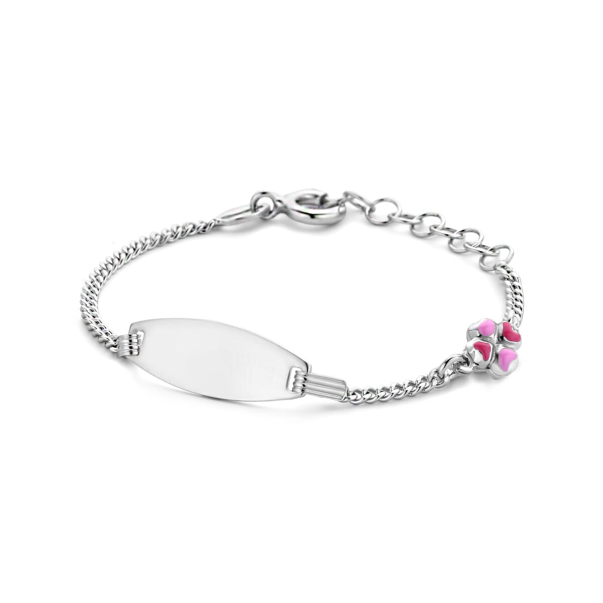 Zilveren graveerarmband met klaverplaat van 6,5 mm en een verlengketting van 11 + 2 cm, gerhodineerd met kleurrijke steentjes.