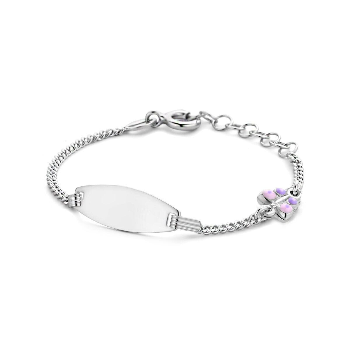 Zilveren gerhodineerde graveerarmband met vlinder en een plaat van 6,5 mm, verstelbaar van 11 tot 13 cm.