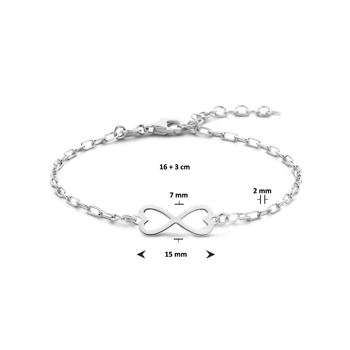 armband infinity 16 + 3 cm zilver gerhodineerd