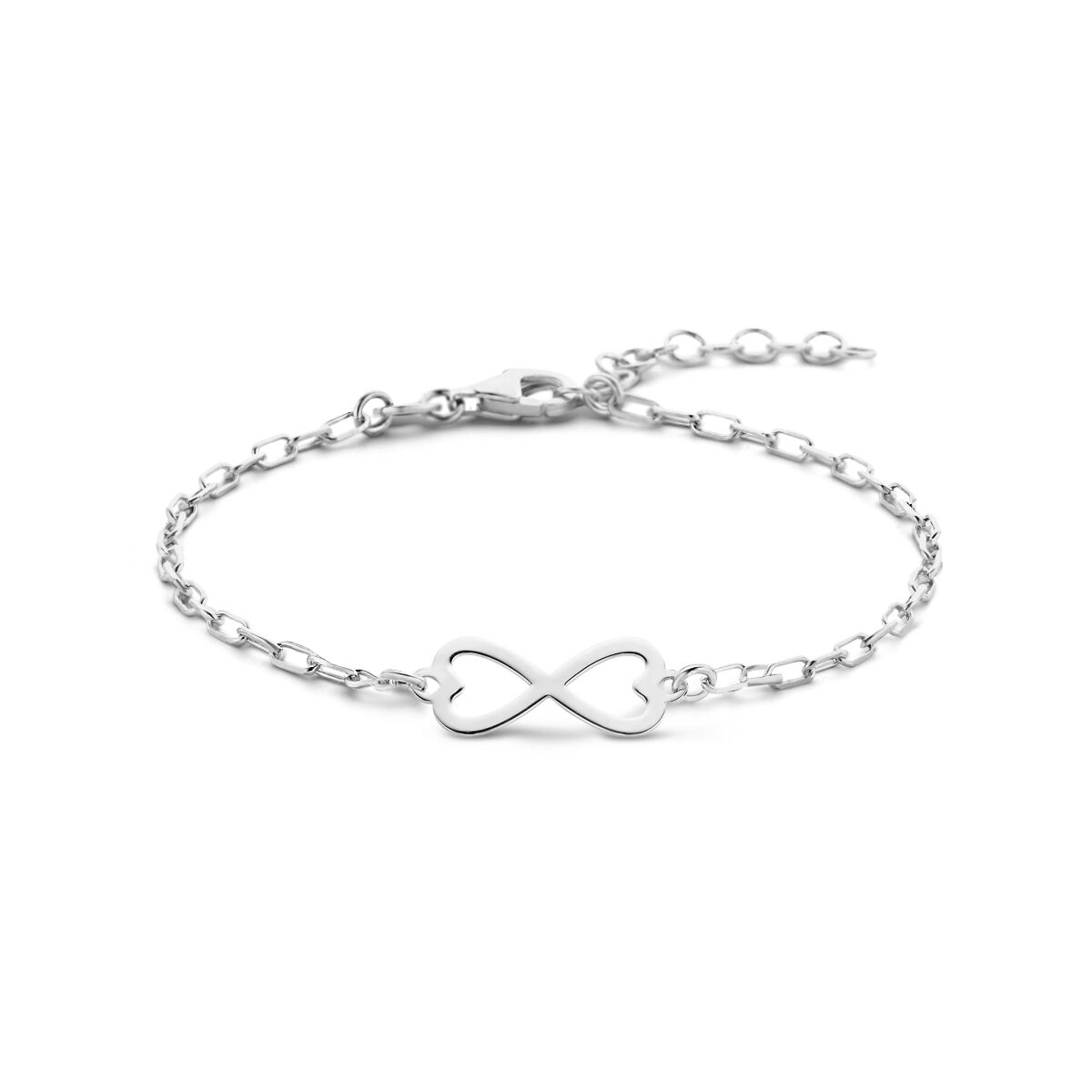 Zilveren gerhodineerde armband met een infinity-symbool, verstelbaar van 16 tot 19 cm.