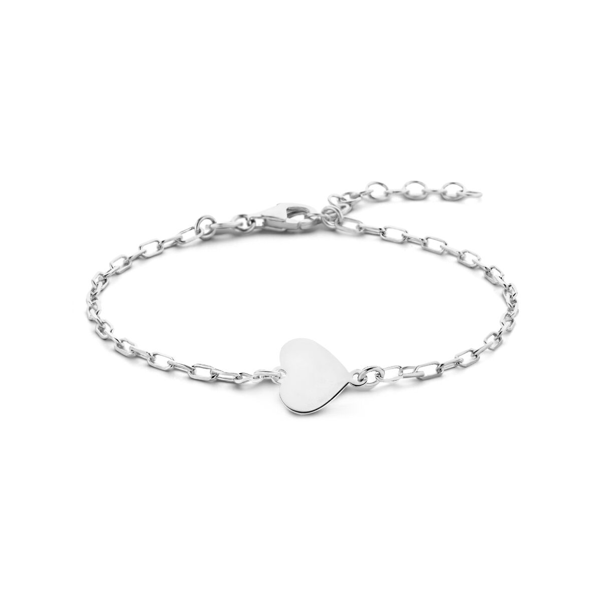 Zilveren gerhodineerde armband met een hartvormig bedel en een verstelbare lengte van 16 tot 19 cm.