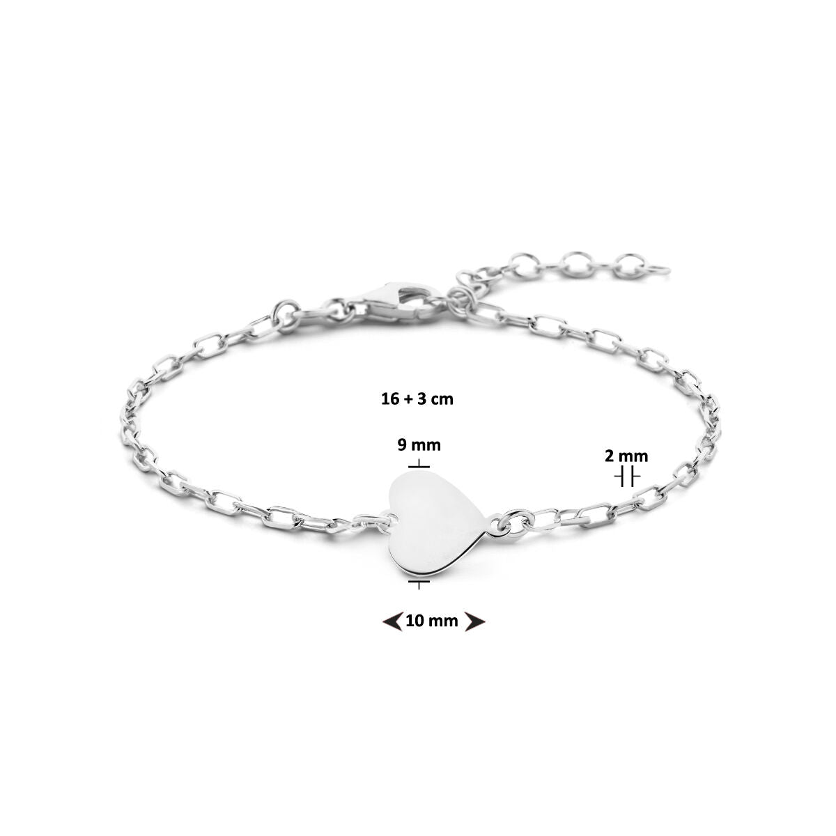 armband hart 16 + 3 cm zilver gerhodineerd