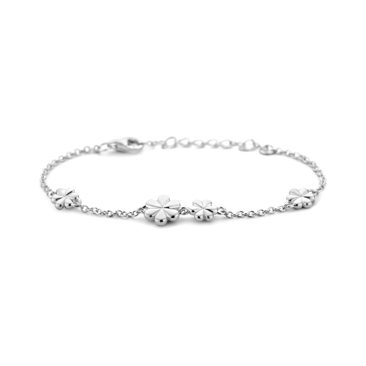 Zilveren armband met gerhodineerde afwerking en bloemenmotieven, lengte 13 + 3 cm.
