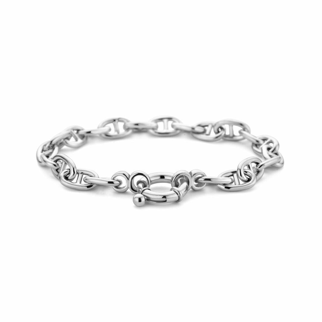 Een Van der Kooij Collectie armband marine van gerhodineerd zilver (7,1 mm, 19 cm) met groot veerslot, stijlvol gepresenteerd op een witte achtergrond.