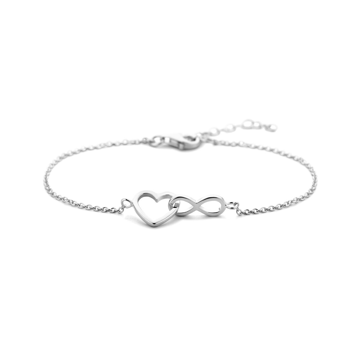 Zilveren gerhodineerde armband met hart- en infinity-symbool, lengte 16 + 3 cm.
