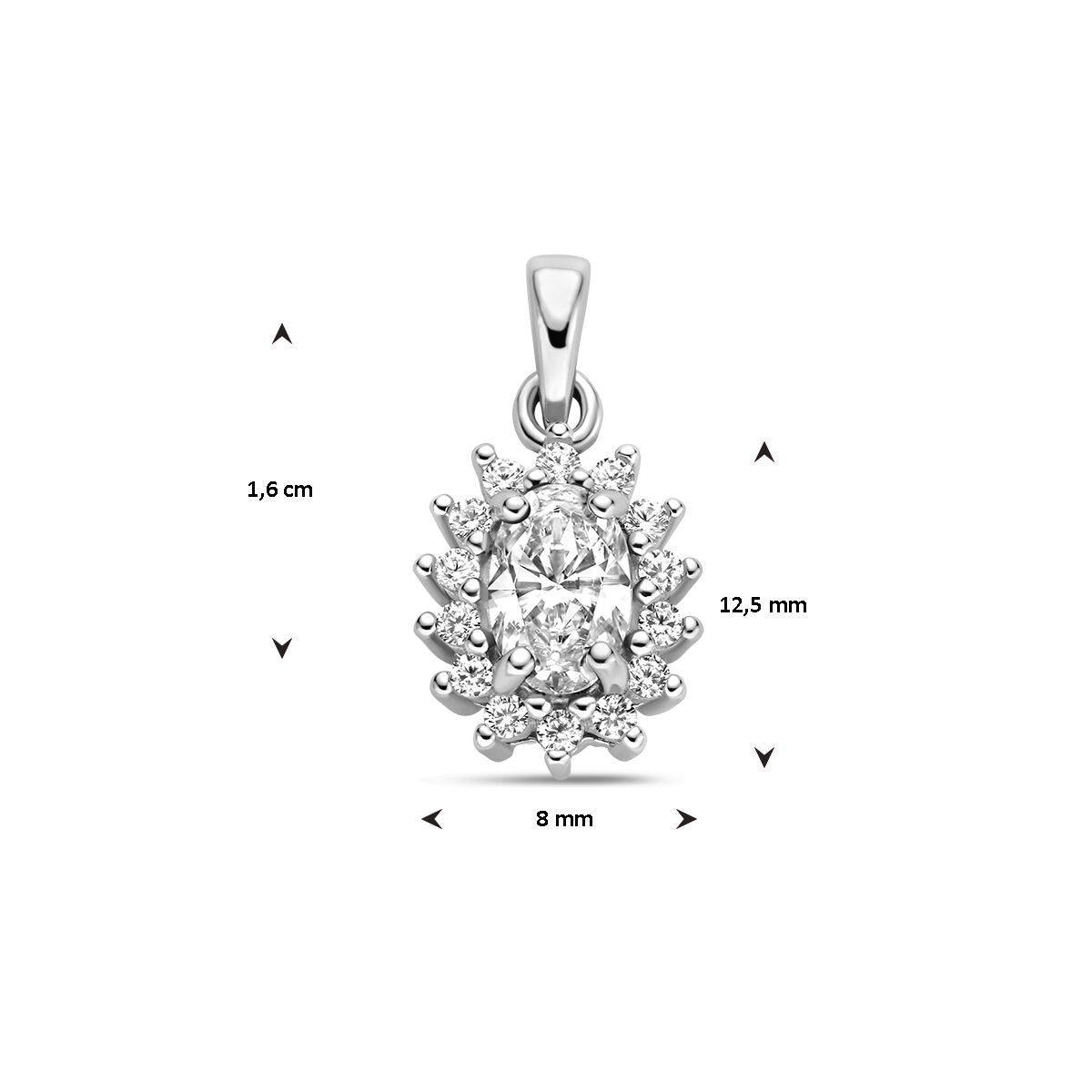 De Van der Kooij Collectie hanger zirkonia halo zilver gerhodineerd heeft een ovaal ontwerp met fonkelende zirkonia en een halo van kleinere steentjes. Afmeting: 1,6 cm hoog, 8 mm breed, 12,5 mm lang. Afgebeeld op een witte achtergrond.