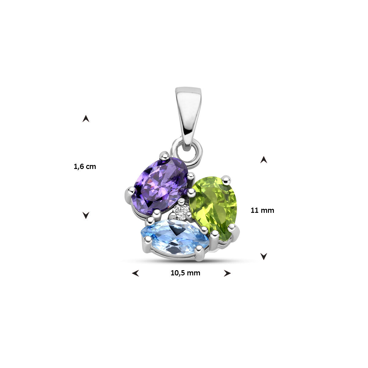 pendant zirconia and synth. gemstones silver rhodium plated