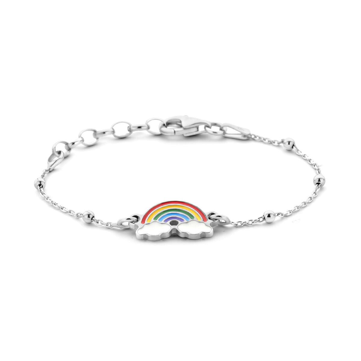 Zilveren gerhodineerde armband met een kleurrijke regenboog en wolkdetail, 11 + 2 cm lang.