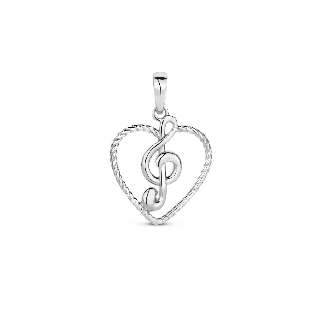 Zilveren gerhodineerde hanger in de vorm van een hart met een muzieknoot erin.