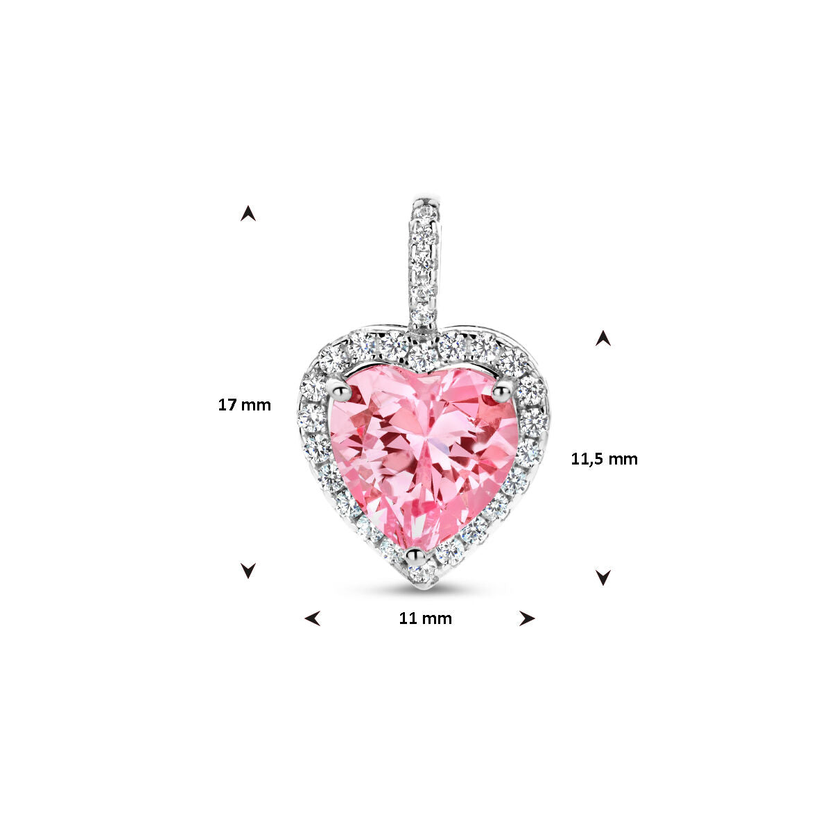 pendant heart white and pink zirconia halo silver rhodium plated