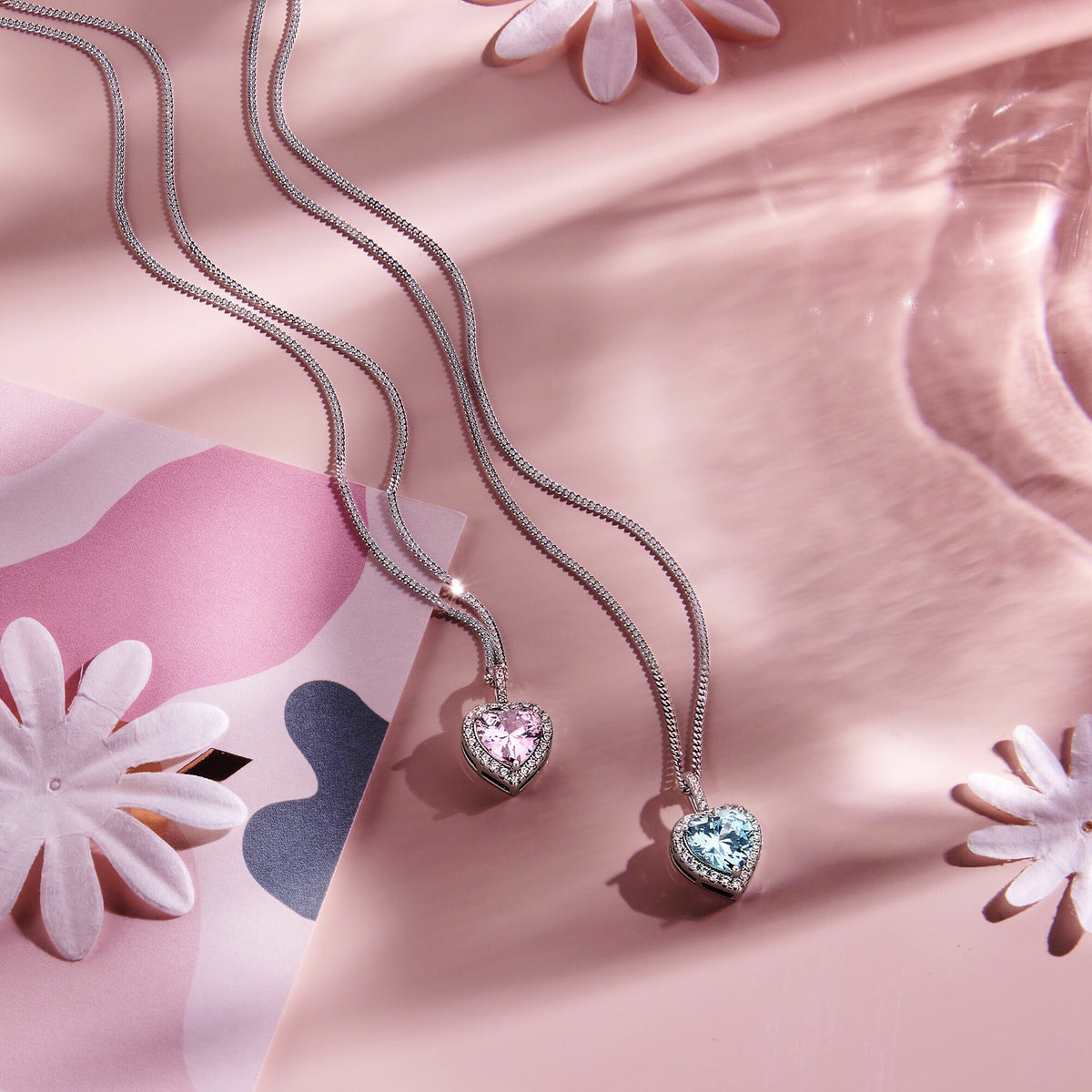 pendant heart white and aquamarine colored zirconia halo silver rhodium plated