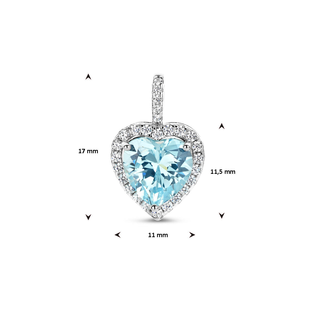 pendant heart white and aquamarine colored zirconia halo silver rhodium plated