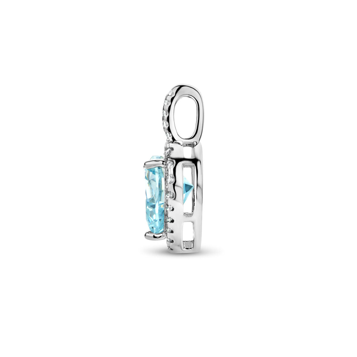 pendant heart white and aquamarine colored zirconia halo silver rhodium plated