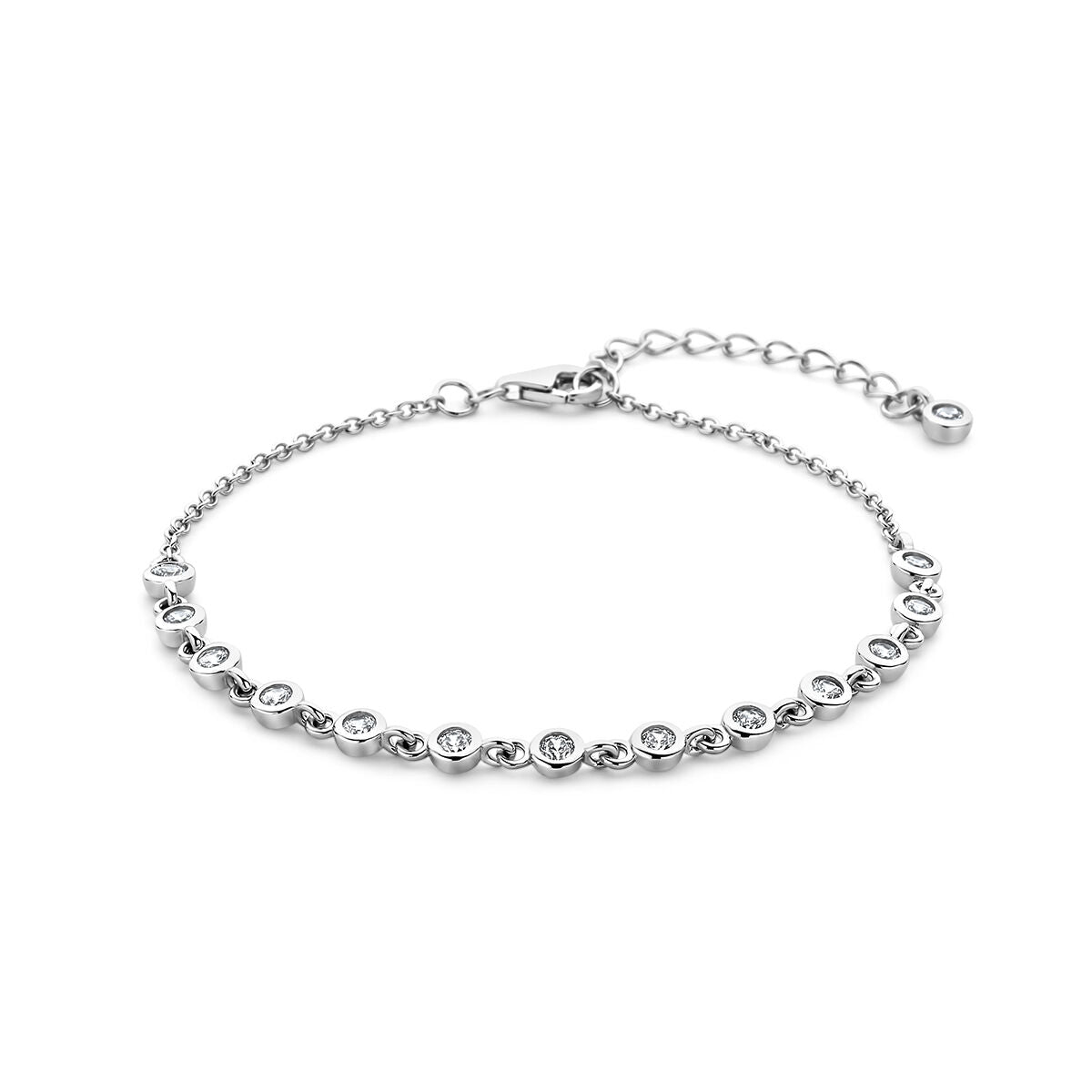 Zilveren gerhodineerde armband met zirkonia-steentjes, verstelbaar van 16 tot 19 cm.