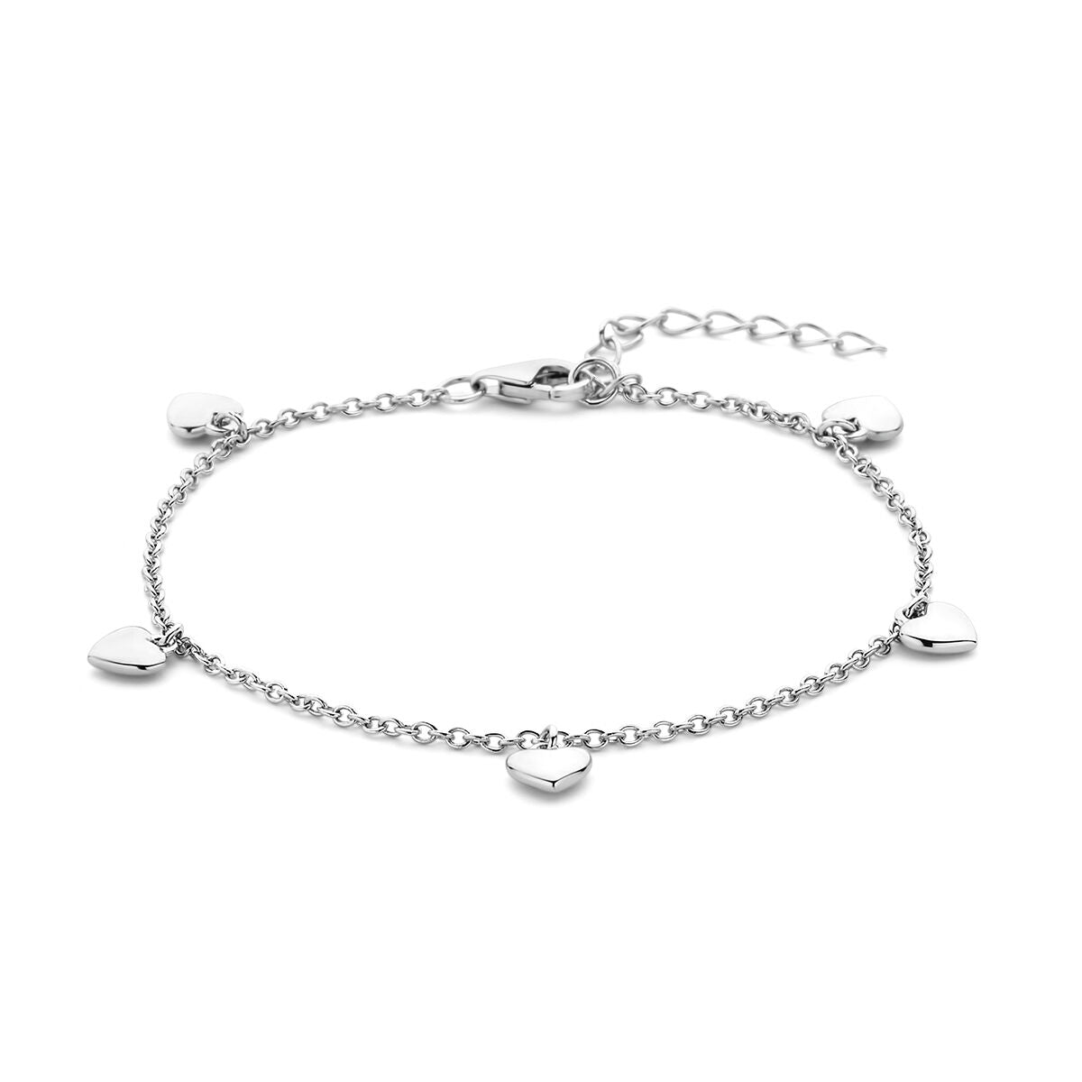 Zilveren gerhodineerde armband met hartjes, verstelbaar van 13 tot 16 cm.