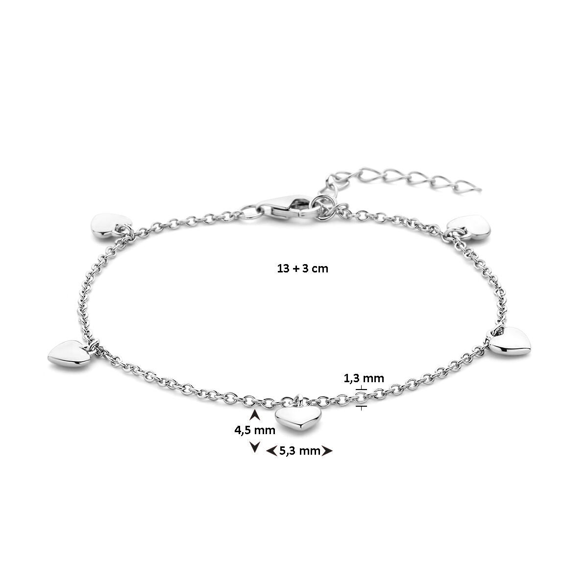 armband hartjes 13 + 3 cm zilver gerhodineerd