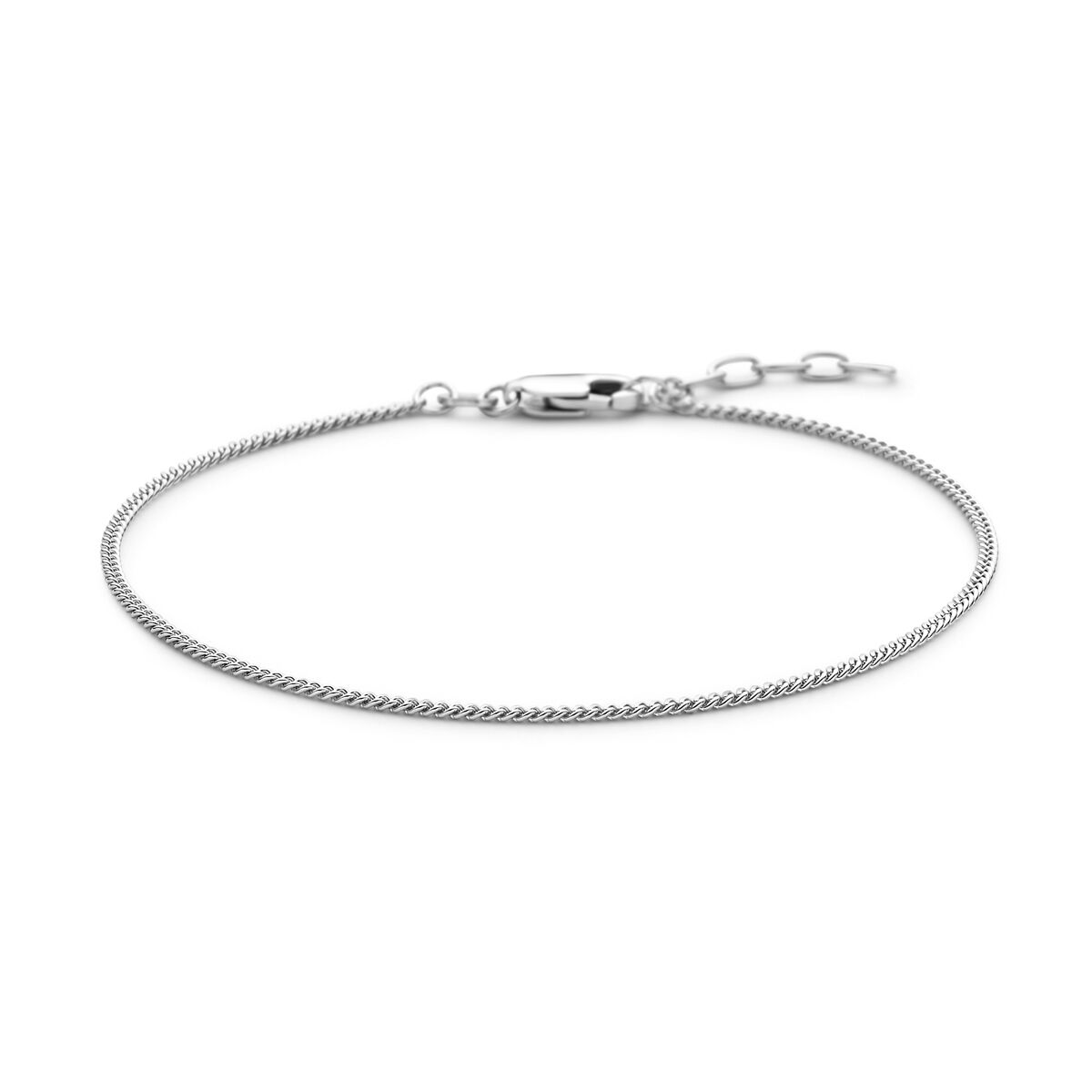 De Van der Kooij Collectie armband gourmette 4-zijdes geslepen 1,4 mm (heren lengte) van gerhodineerd zilver heeft een stevige karabijnsluiting en verstelbare lengte van 19 + 2 cm, elegant gepresenteerd op een witte achtergrond.