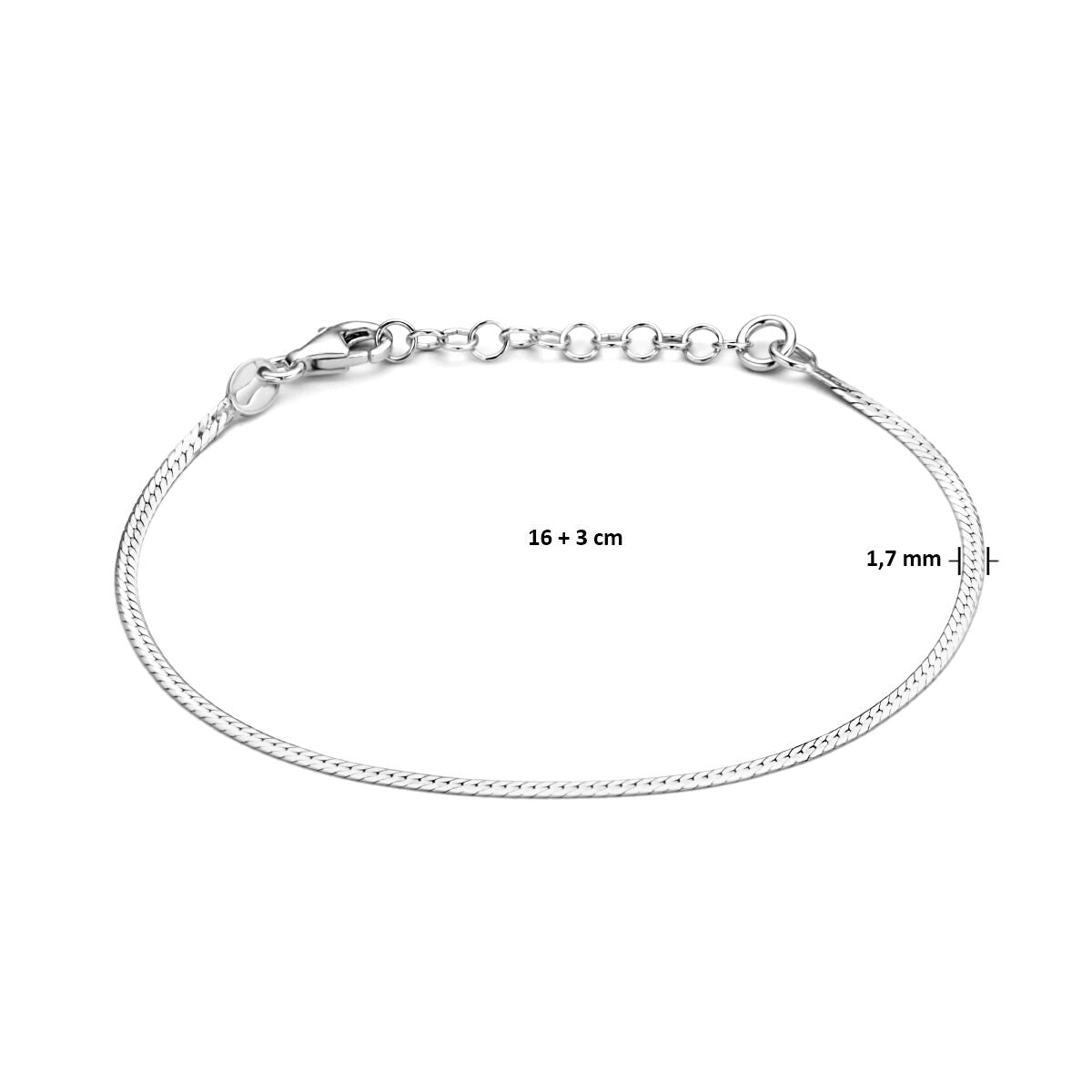 bracelet flat 1.7 mm 16 + 3 cm silver rhodium plated