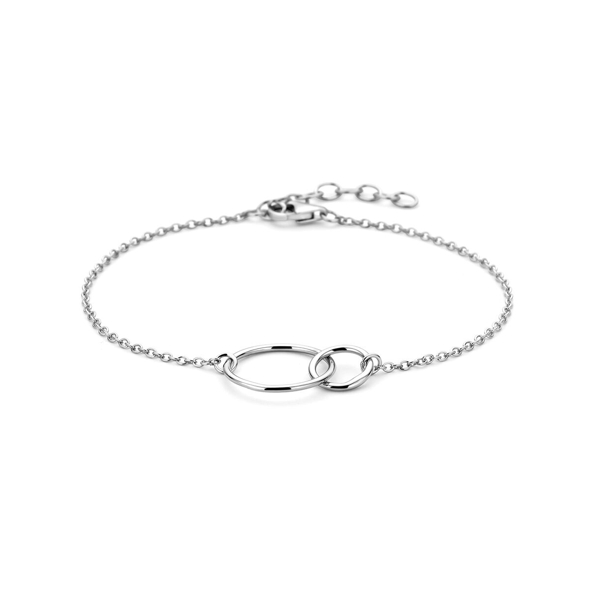 Zilveren gerhodineerde armband met ronde schakels en een verlengketting van 2,5 cm.