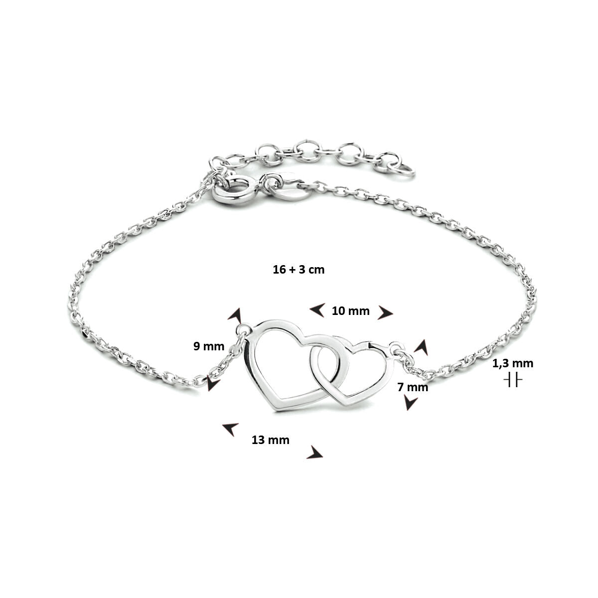 bracelet hearts 16 + 3 cm silver rhodium plated