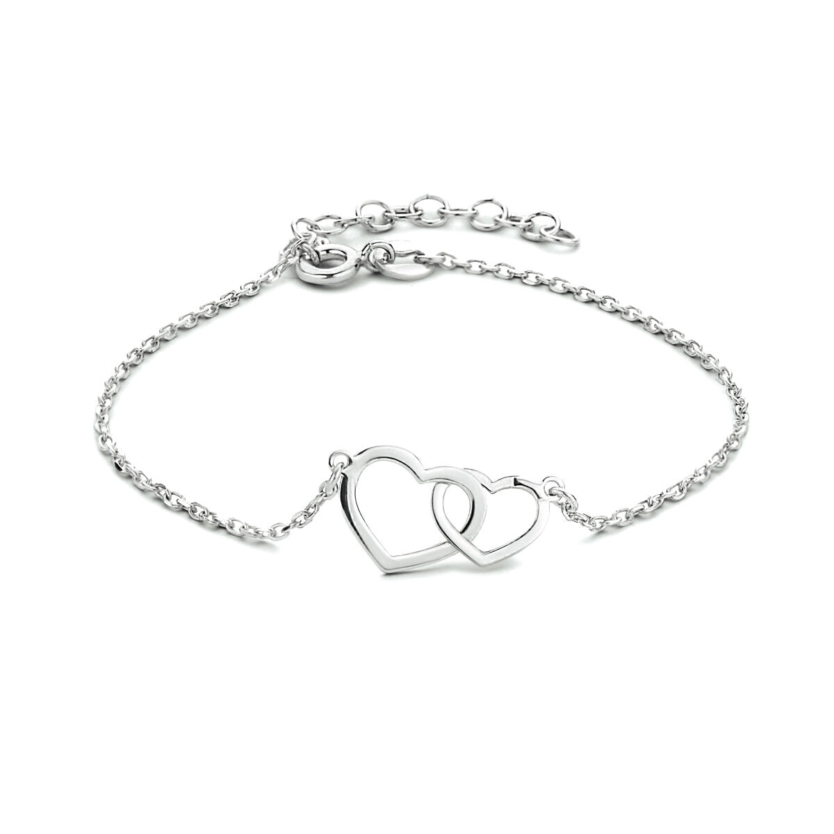 Zilveren gerhodineerde armband met twee overlappende hartjes en een verstelbare sluiting van 16 + 3 cm.