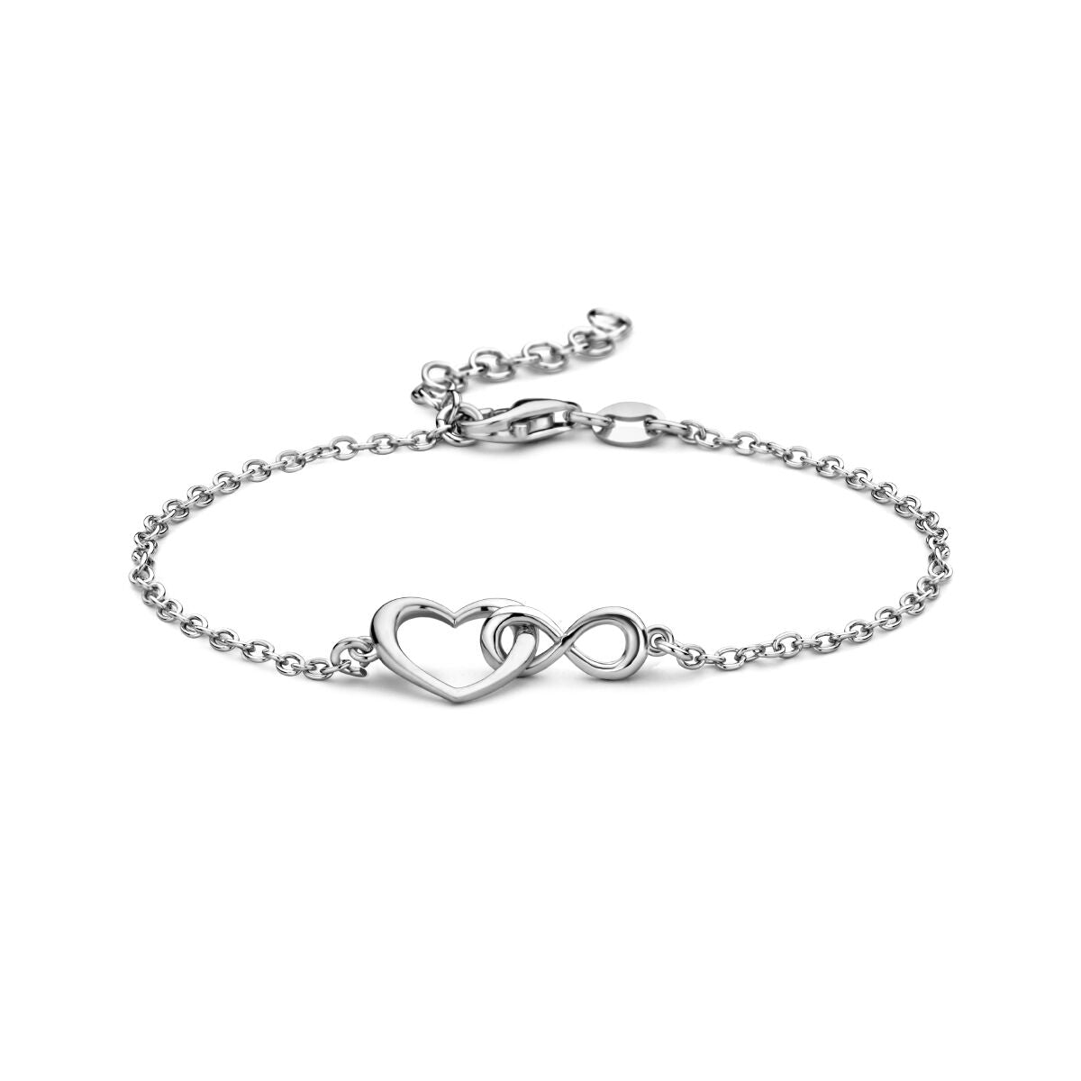 Zilveren armband met gerhodineerde afwerking, versierd met een hart en een infinity-teken, verstelbaar van 16 tot 19 cm.