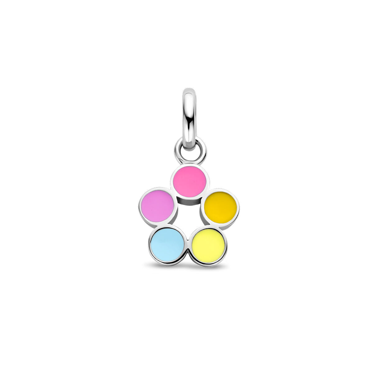 Zilveren gerhodineerde hanger in de vorm van een bloem met roze, blauw en gele cirkels.