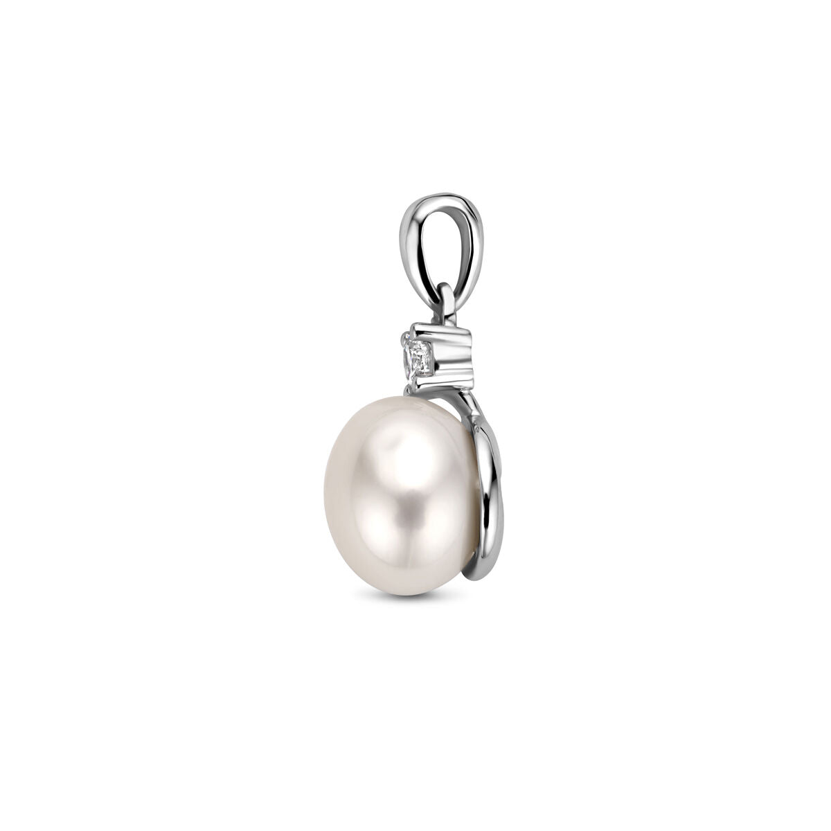 De Van der Kooij Collectie hanger zirkonia en parel zilver gerhodineerd heeft een ronde witte parel met een kleine rechthoekige zirkonia erboven, weergegeven op een effen witte achtergrond.