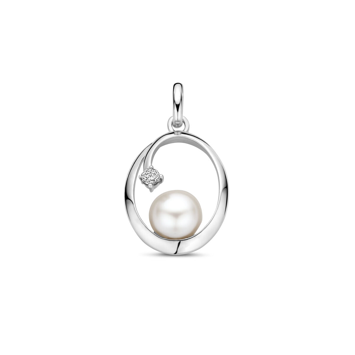 Ovale zilveren hanger met gerhodineerde afwerking, een parel en een zirkonia.