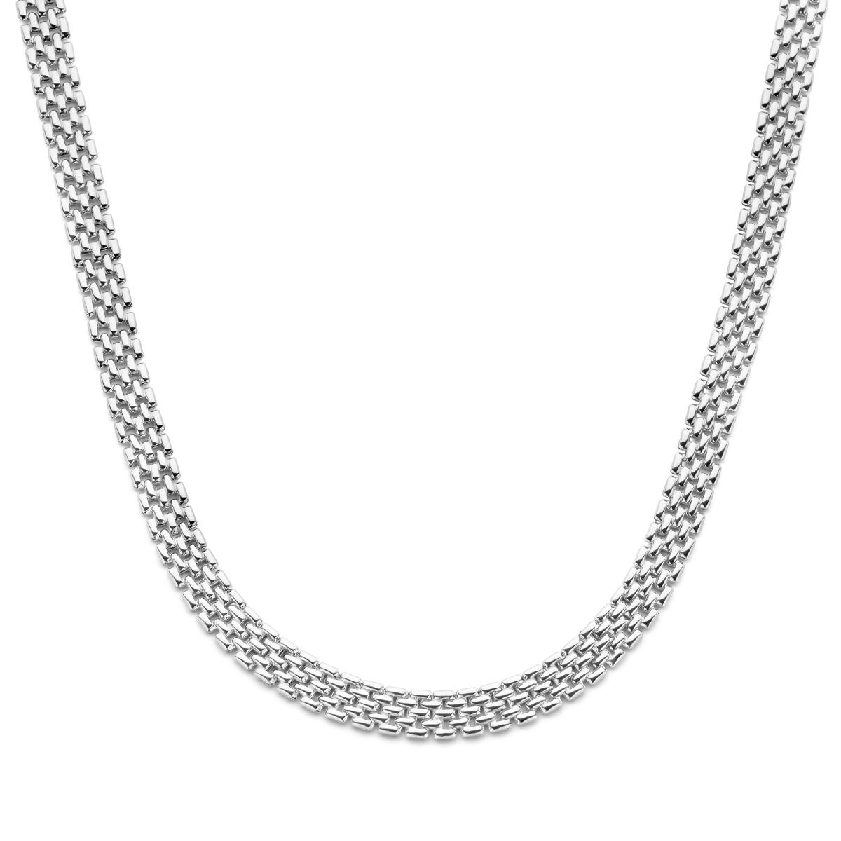 Zilveren collier van 8 mm breed met een gerhodineerde afwerking en een lengte van 43 cm.