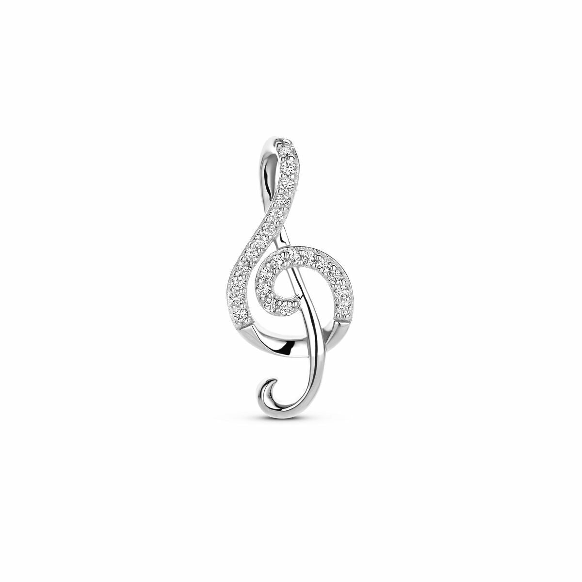 Zilveren gerhodineerde hanger in de vorm van een muzieknoot, versierd met zirkonia.