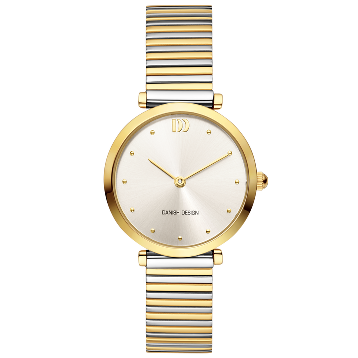 Het Danish Design dames horloge IV84Q1301 heeft een zilverkleurige wijzerplaat, goudkleurige uurmarkeringen en wijzers, een gestreepte tweekleurige metalen band en Danish Design logo's voor een elegante look.