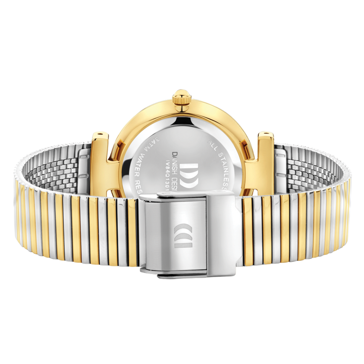 Een close-up van het Danish Design dames horloge IV84Q1301 toont de tweekleurige zilver- en goudkleurige metalen band, de roestvrijstalen kast en sluiting, plus het gegraveerde Danish Design logo en de details op de achterkant.