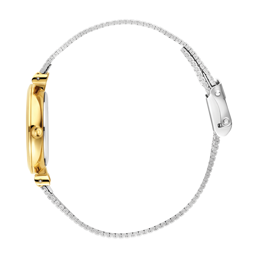 Zijaanzicht van de Danish Design dames horloge zilverkleurige wijzerplaat bicolor IV84Q1301, met een slanke gouden kast en zilverkleurige mesh band, open afgebeeld met zichtbare sluiting rechts en kroon links.