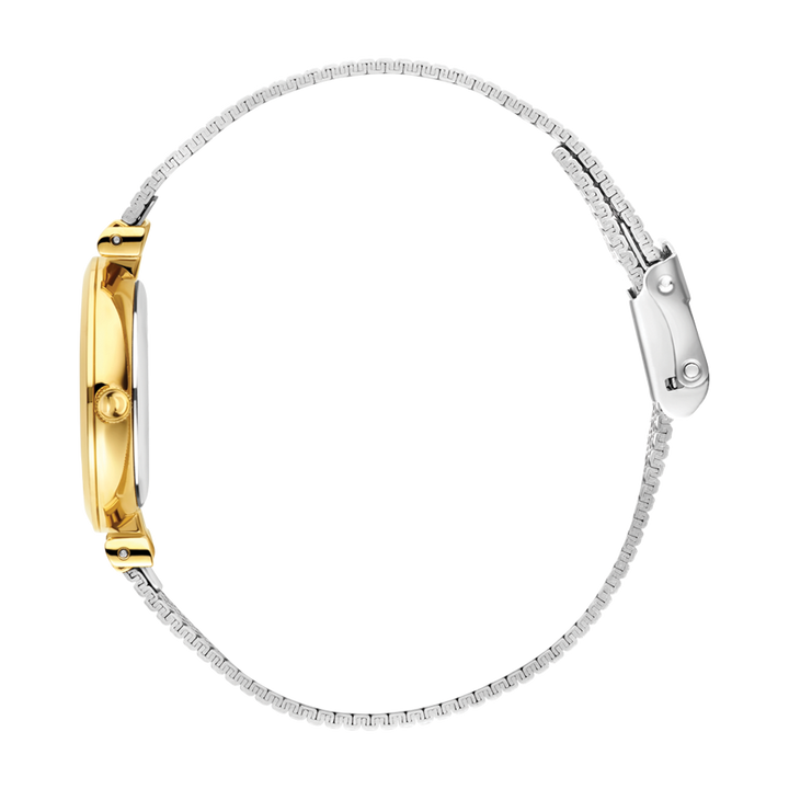 Zijaanzicht van de Danish Design dames horloge zilverkleurige wijzerplaat bicolor IV84Q1301, met een slanke gouden kast en zilverkleurige mesh band, open afgebeeld met zichtbare sluiting rechts en kroon links.