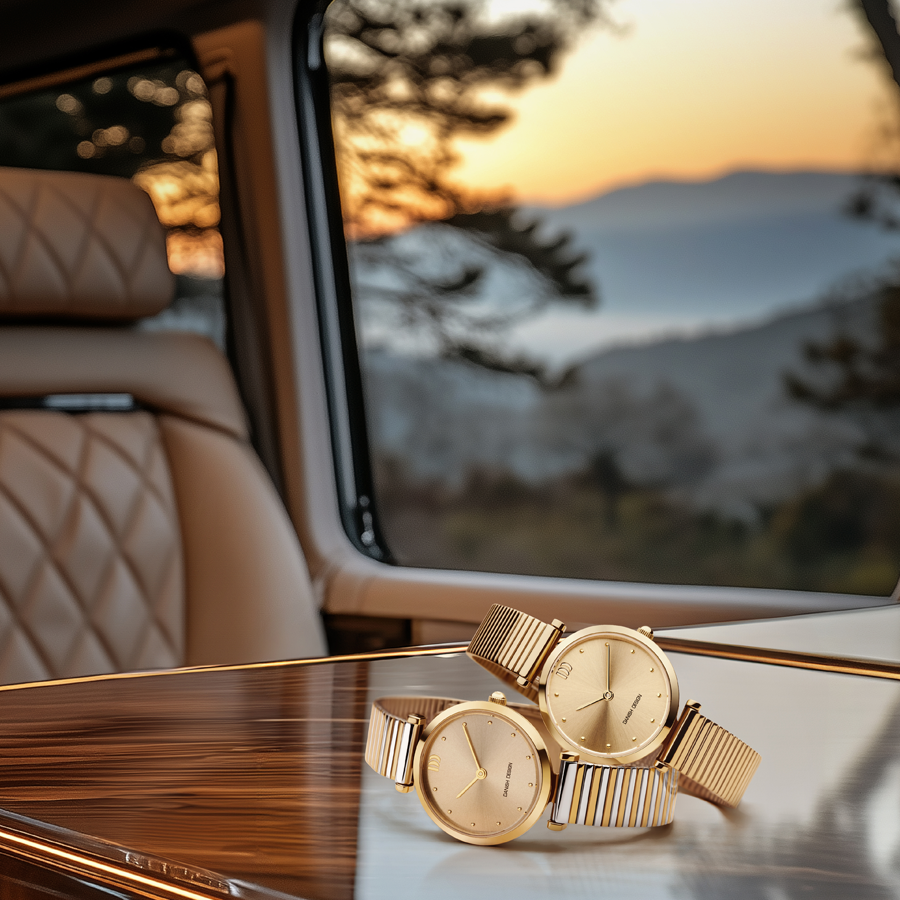 Twee stijlvolle Danish Design polshorloges, waaronder de Danish Design dames horloge zilverkleurige wijzerplaat bicolor IV84Q1301, met mesh banden, worden tentoongesteld op hout in een luxe auto met gewatteerde leren stoelen en uitzicht op een zonsondergang.