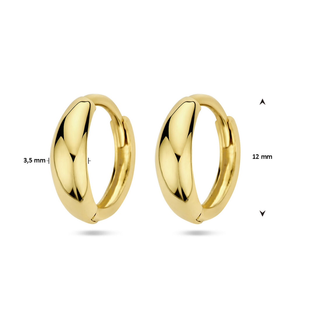 De Van der Kooij Collectie klapoorringen 14K geelgoud zijn gepolijste gouden hoepeloorbellen van elk 3,5 mm dik en 12 mm in diameter, naast elkaar afgebeeld op een witte achtergrond voor een tijdloze look.