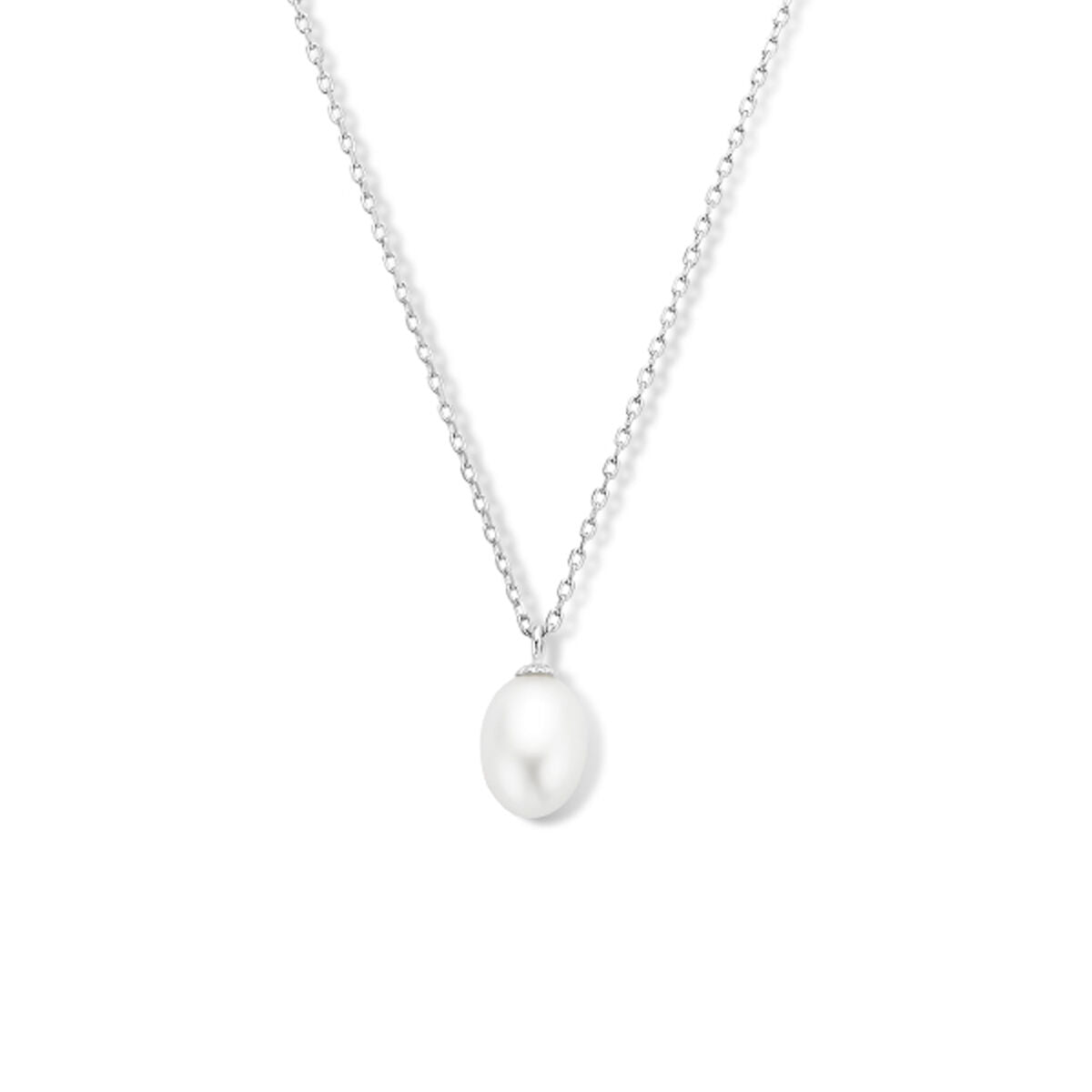 Zilveren collier met gerhodineerde ketting en een enkele parel als hanger.