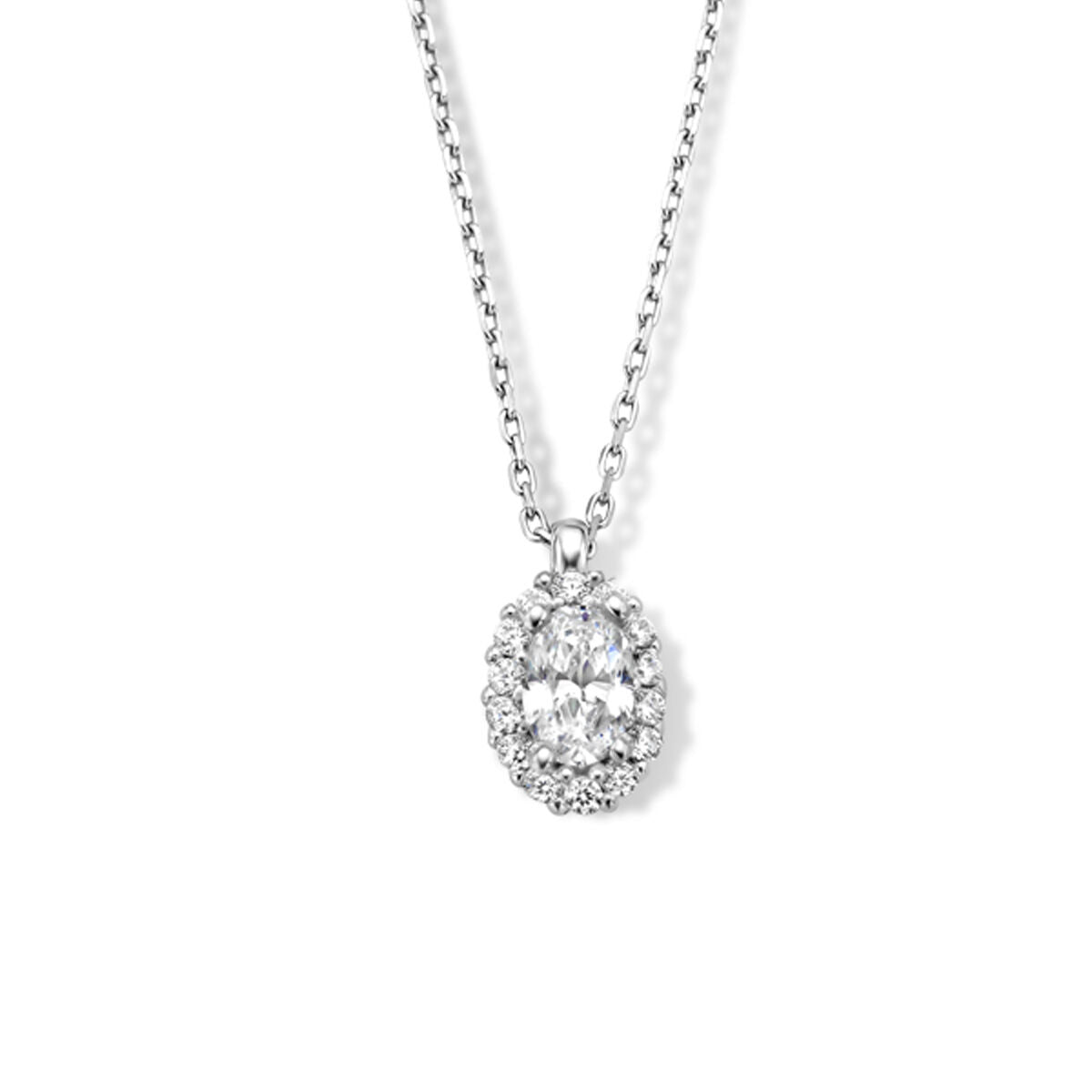 Zilveren gerhodineerd collier met een halo van zirkonia, 41 + 4 cm lang, met een ovale hanger.